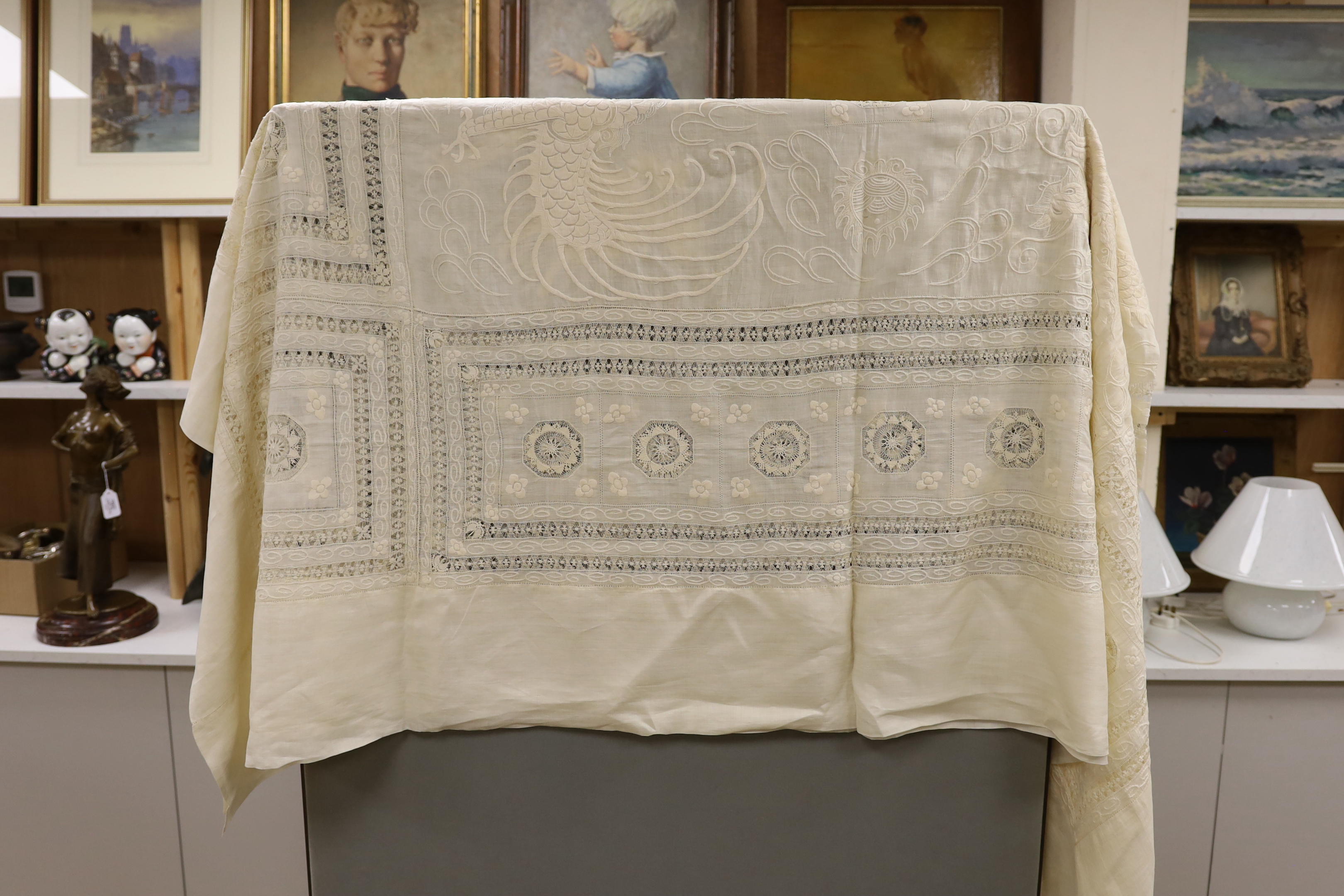 A 20th century Chinese dragon embroidered and drawn thread worked fine linen table cloth, 194cm x 240cm
